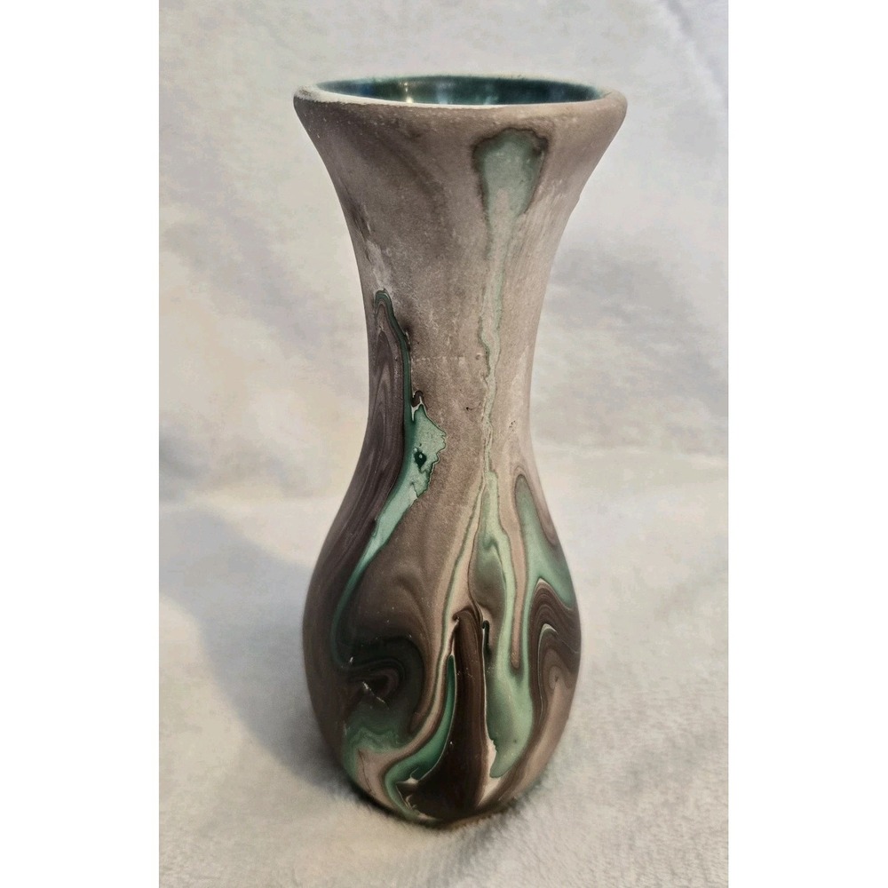 Nemadji Pottery Bud Vase 4.5" Green Brown Swirl Art Pottery USA Southwestern
